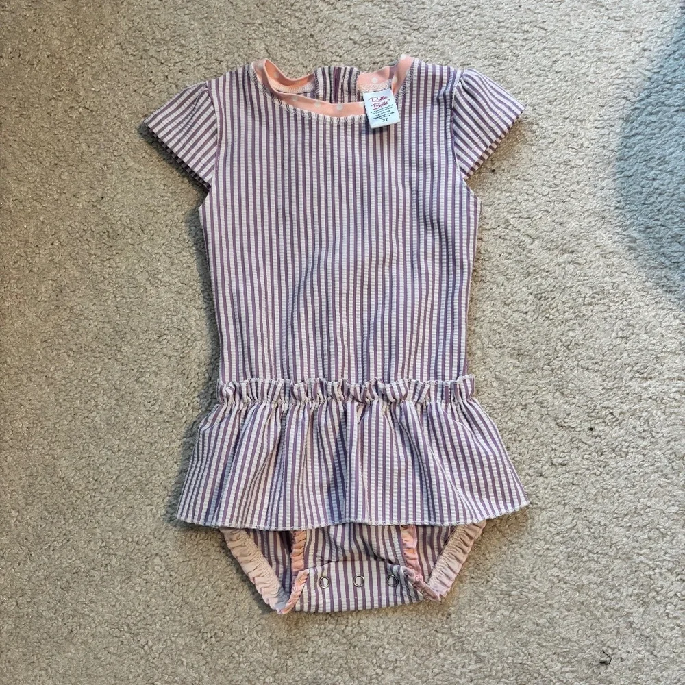 RuffleButts Toddler One-Piece Swimsuit Purple Stripe Peplum Size 2T